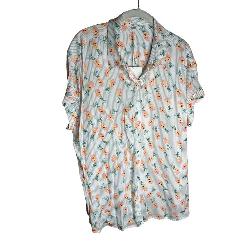 Beach Lunch Lounge Shirt Short Sleeves Striped Pineapple Print Womens Large NWT